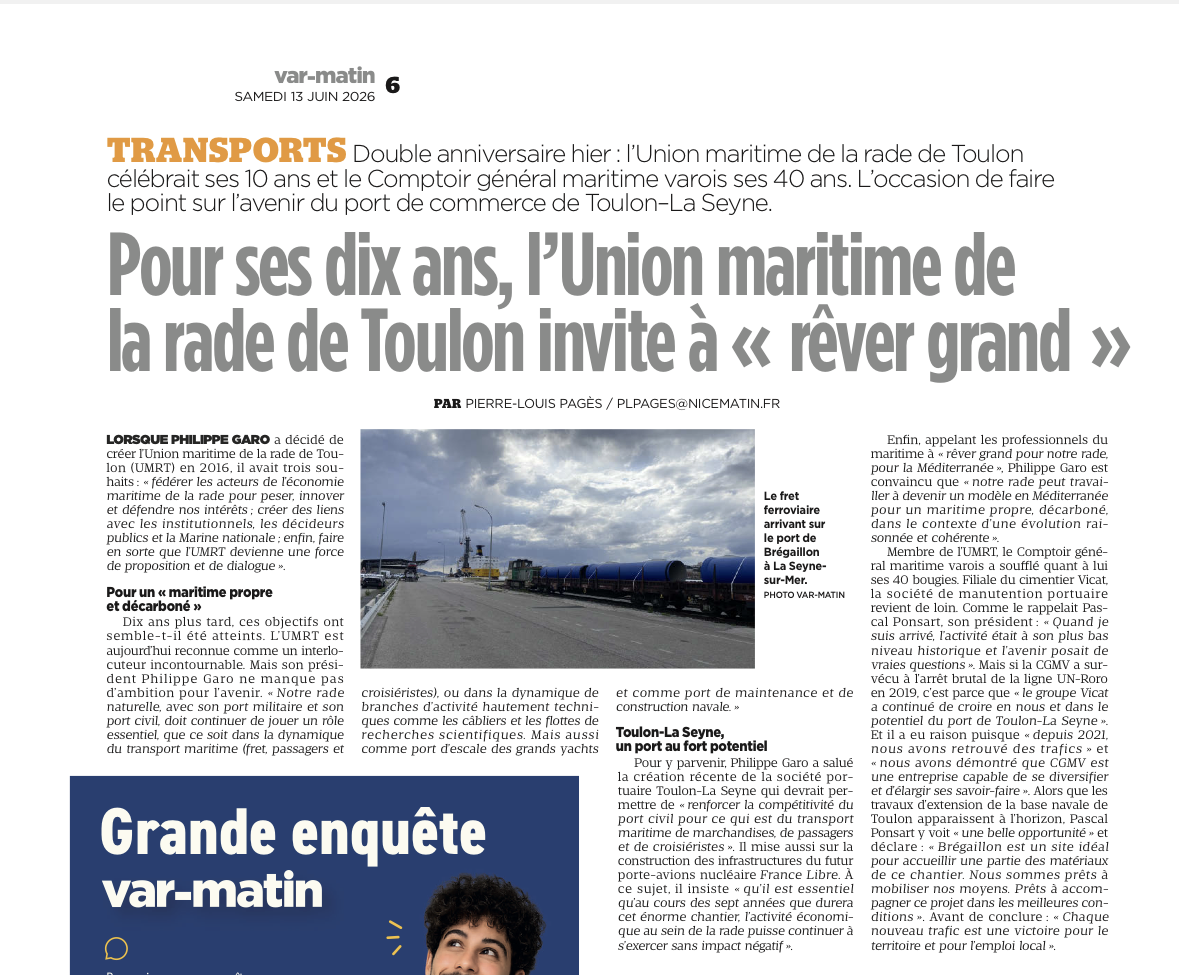 Article Var Matin : « Dix ans de l&rsquo;UMRT »